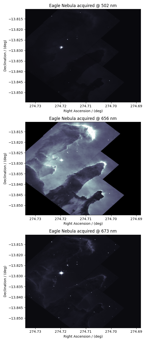 Eagle Nebula acquired @ 502 nm, Eagle Nebula acquired @ 656 nm, Eagle Nebula acquired @ 673 nm